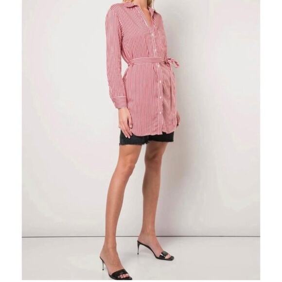 Reformation Jeans Tencel Modal Striped Red White Belted Shirt Mini Dress Medium - Picture 2 of 8